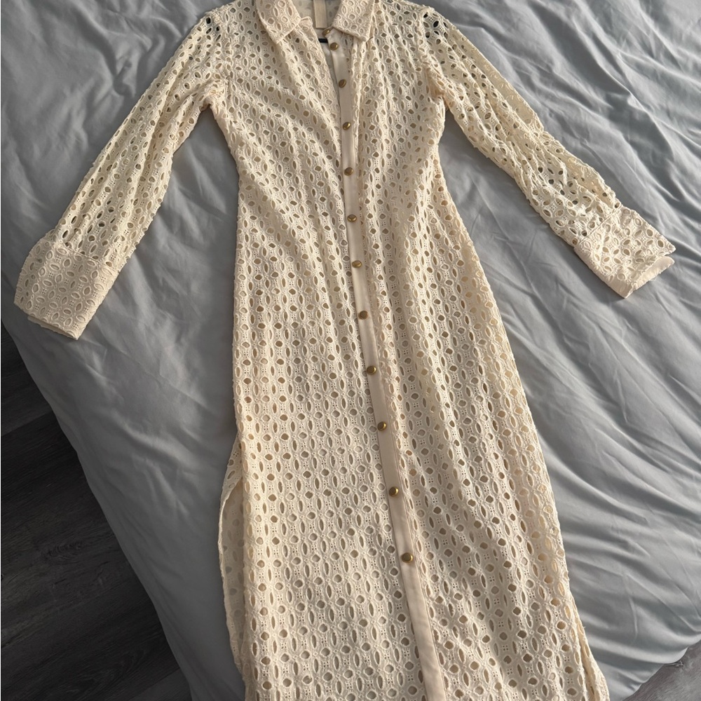 Zara Cream Eyelet Long-Sleeve Maxi Dress